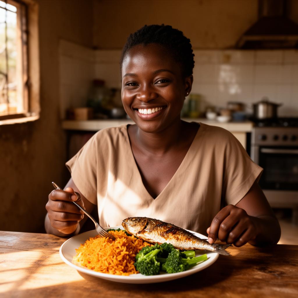 A smiling Nigerian woman enjoying a balanced plate of jollof rice, grilled fish and vegetables at her kitchen table.